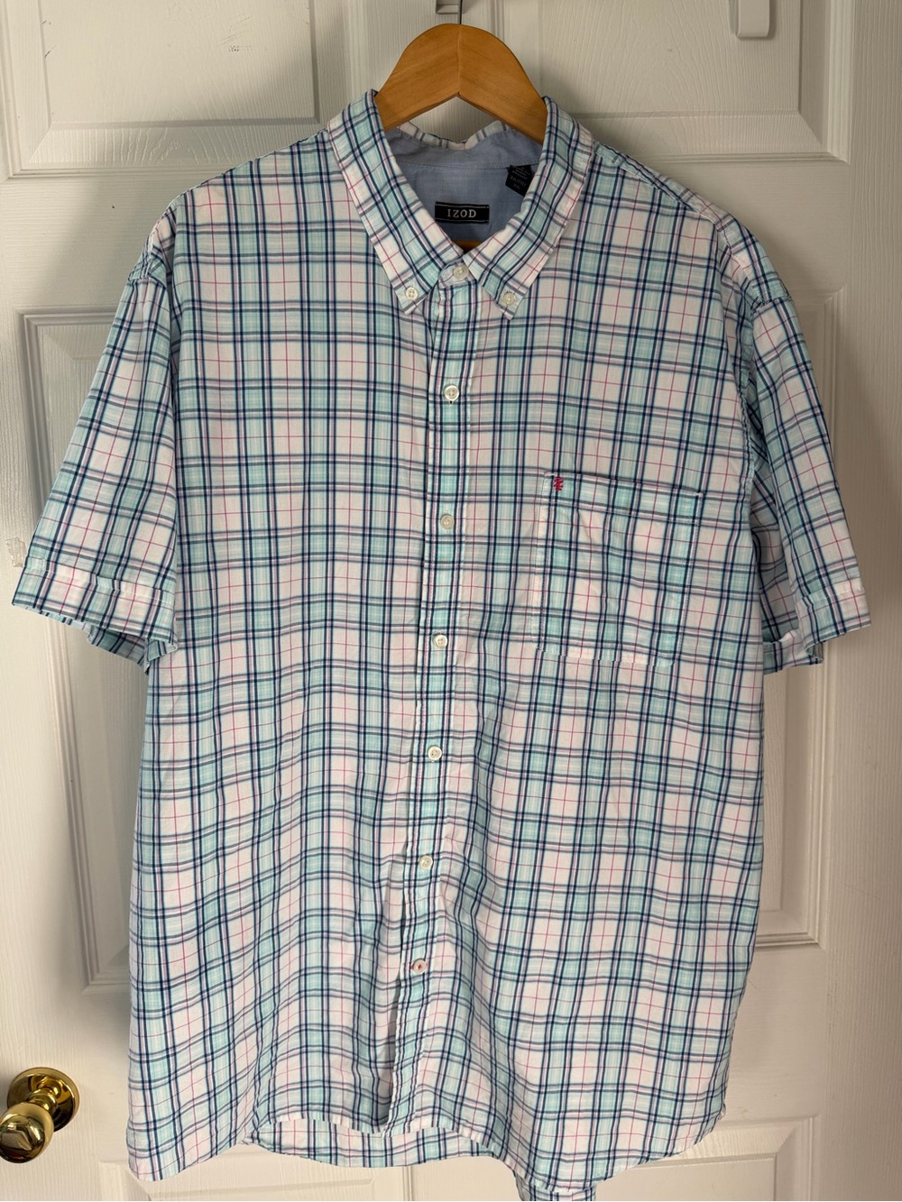 Izod Short-Sleeve Button-Down Shirt in Light Blue, White & Pink Plaid